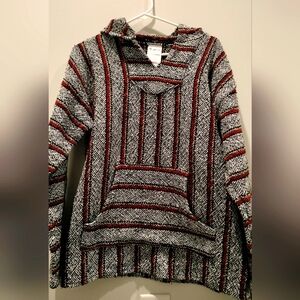 Men's Mexican Baja Hoodie Pullover Sweater Gray with Red Black Stripes One size